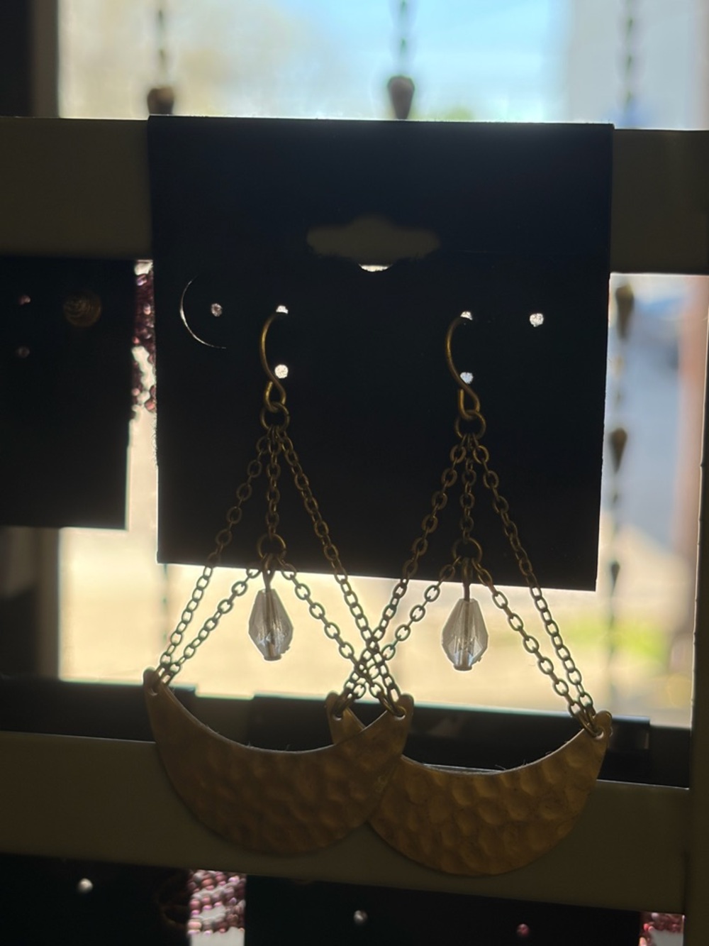 Boho Brass Hammered Crescent Chain Earrings with Clear Crystal Accent
